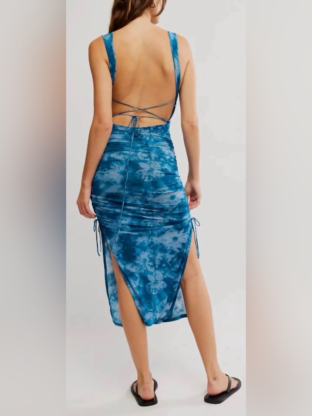 NEW FREE PEOPLE take me away mesh open back midi dress blue indigo combo sz S - Picture 2 of 8